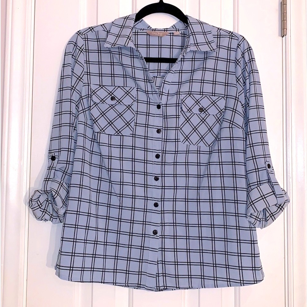 Coral Bay petite Light Blue and Black adj. sleeves, button up blouse size MP NEW